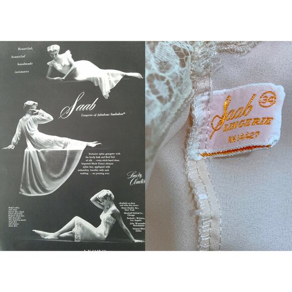40s 50s Pale Peach Pink Saab Saabalon Slip / Dress w Lace | S - Picture 7 of 10